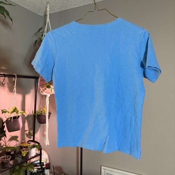 Katherine Bishop T-Shirt Womens Large Blue Scalloped Neck Pointelle Knit Top - Picture 3 of 7